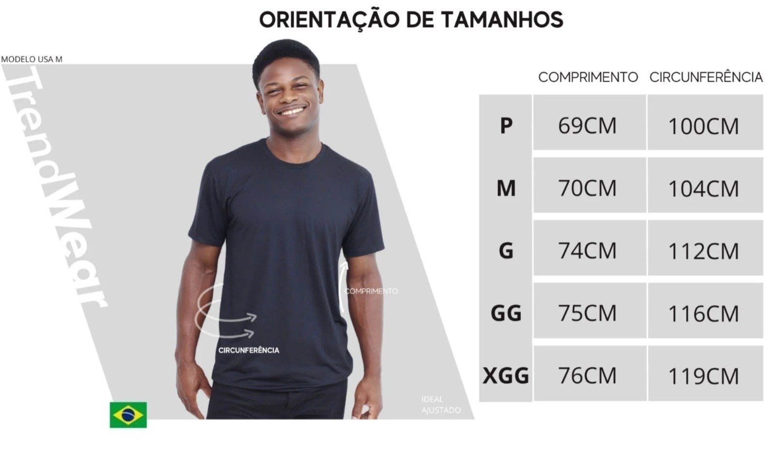 Tabela de medidas do modelo masculino
